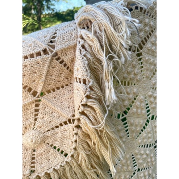 Antique 1930s Thread Cotton Crochet BedSpread star Pattern Fringe 98 x 81" - Picture 6 of 16